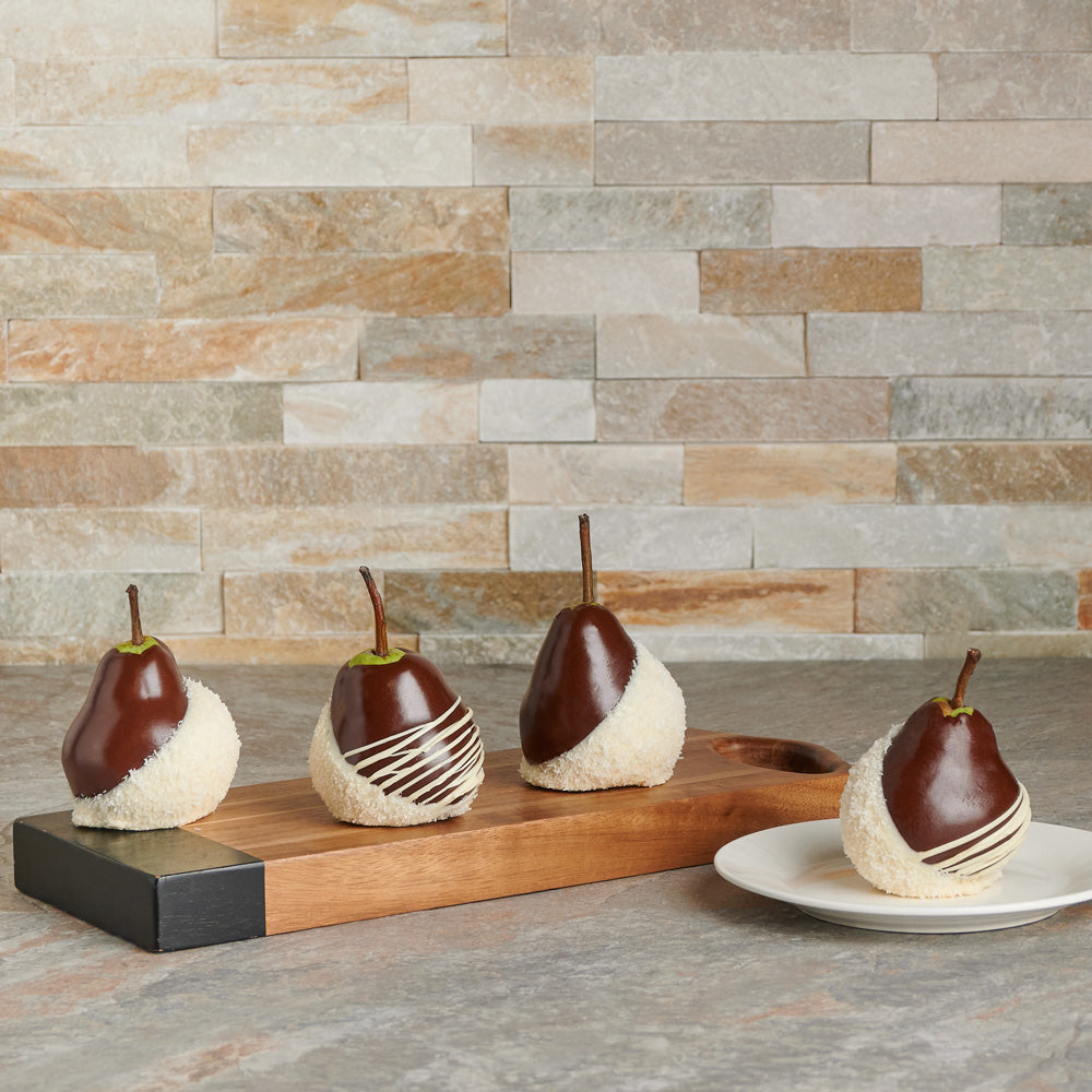 The Chocolate-Dipped Orchard Gift Set, chocolate, chocolate dipped fruit, pears, chocolate gift baskets, baskets, fruit gift baskets, chocolate dipped pears, hand made