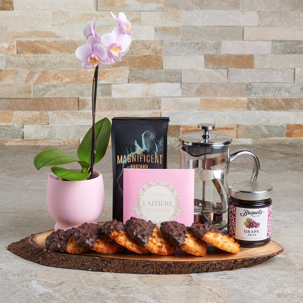 Gourmet Coffee &amp; Macaroons Gift Basket, coffee gift, potted orchid, orchid gift, gourmet gift