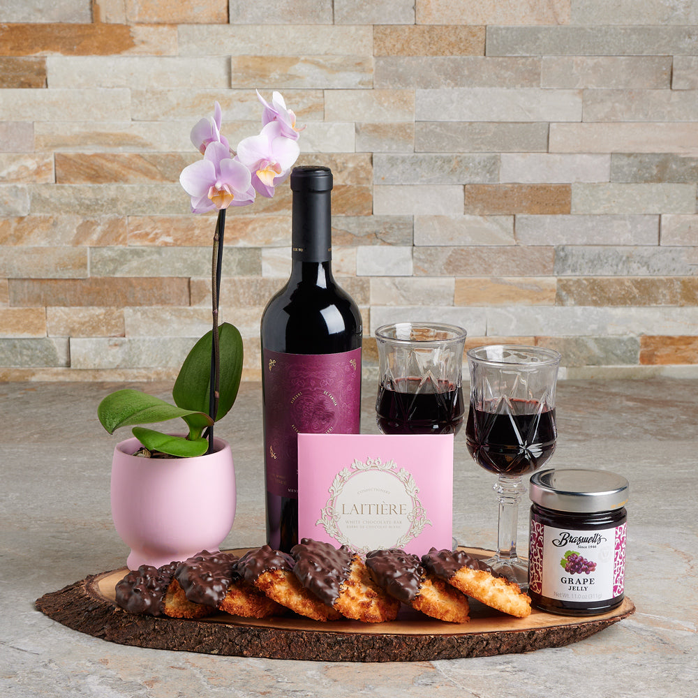 Classy Wine & Macaroons Gift Basket, wine gift baskets, gourmet gift baskets, gift baskets, Mother's Day gift baskets, mother's day, wine, orchid gift, plant gift