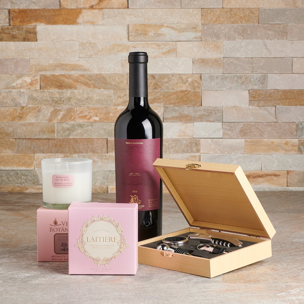 Romantic Wine &amp; Chocolate Gift Set, wine gift set, wine tools, chocolate, candle, wine gifts, wine gift set delivery canada, toronto