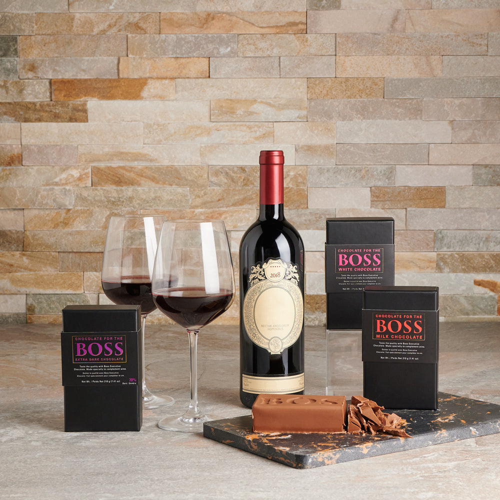 Boss Wine Matching Chocolate & Cutting Board. Wine Gift Baskets, Chocolate Gift Baskets, Gourmet Gift Baskets, Canada Delivery