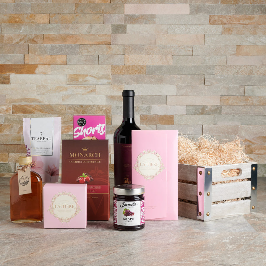 Sweetheart’s Delight Chocolate & Wine Gift Set, wine gift baskets, chocolate gift baskets, gift, baskets, wine, chocolate, maple syrup, jelly, cranberries, cranberry, tea,