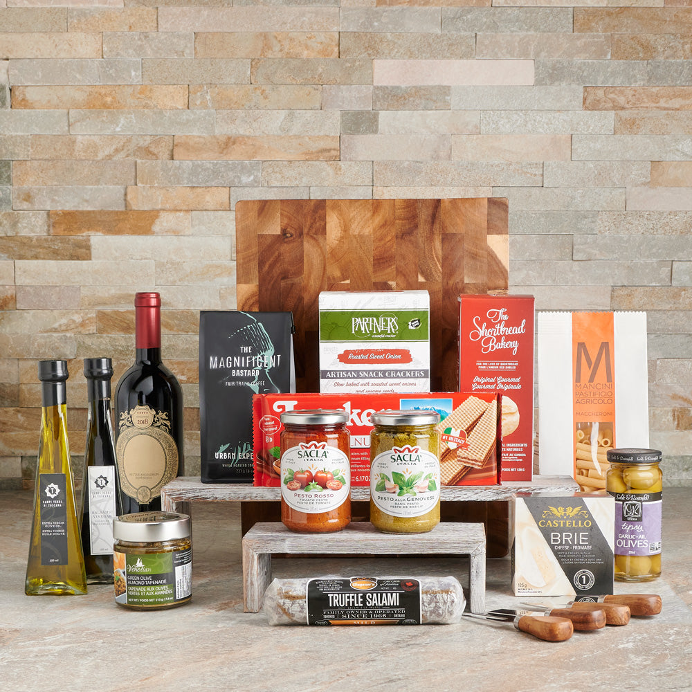 Italian Gourmet &amp; Wine Basket – Wine gift baskets – Canada delivery, wine baskets, wine gift baskets, gift baskets, baskets, cheese, olive oil, balsamic vinegar, olives, tapenade, gourmet, gourmet gift baskets, gourmet baskets, crackers, salami, shortbread, pasta, Italian, Italy