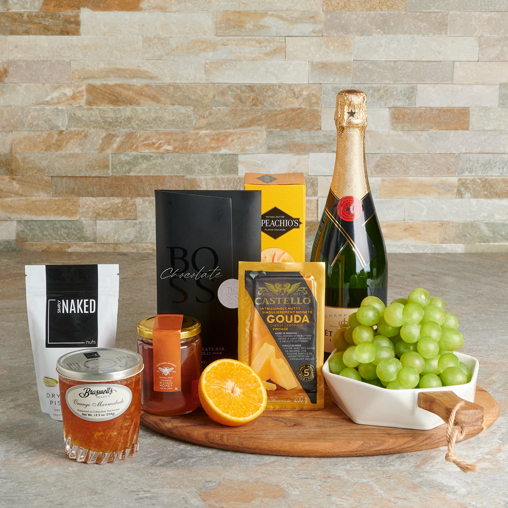 A Taste of Champagne &amp; Cheese Gift, gourmet gift, gourmet, sparkling wine gift, sparkling wine, champagne gift, champagne, fruit gift, fruit