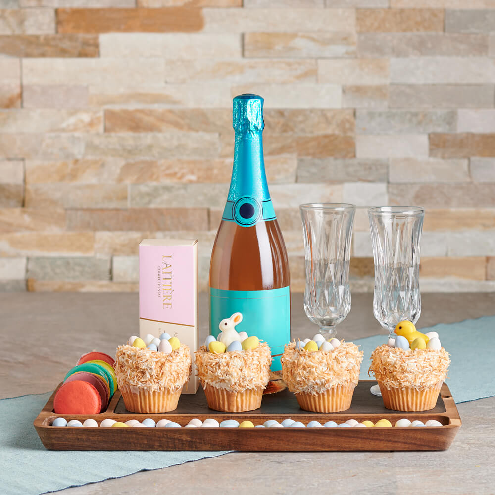 Champagne &amp; Easter Cupcakes Gift Basket, champagne gift, champagne, sparkling wine gift, sparkling wine, gourmet gift, gourmet, easter gift, easter, cupcake gift, cupcakes