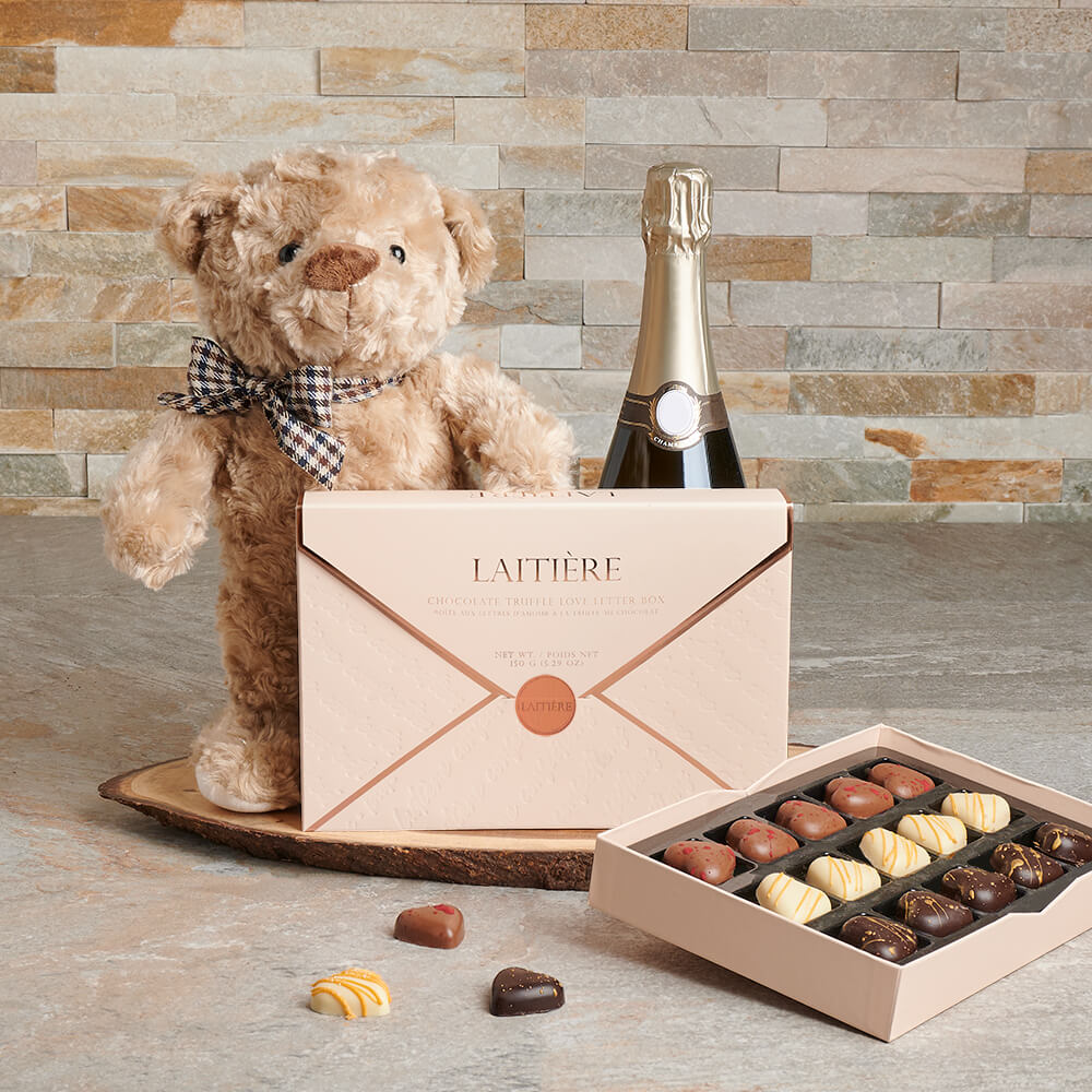 Champagne &amp; Love Letter Chocolate Gift, champagne gift, champagne, sparkling wine gift, sparkling wine, chocolate gift, chocolate, teddy bear gift, teddy bear