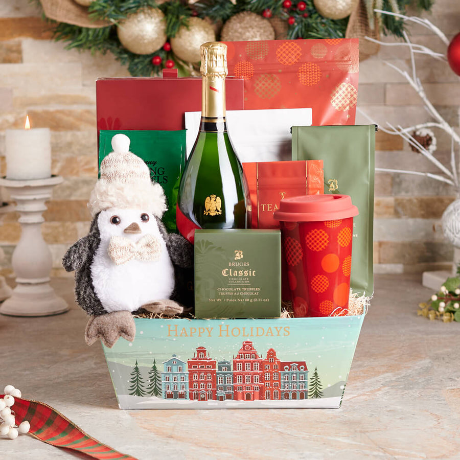 Christmas Bite Gift Basket with Champagne, christmas gift, christmas, holiday gift, holiday, champagne gift, champagne, sparkling wine gift, sparkling wine, gourmet gift, gourmet, chocolate gift, chocolate, tea gift, tea, coffee gift, coffee