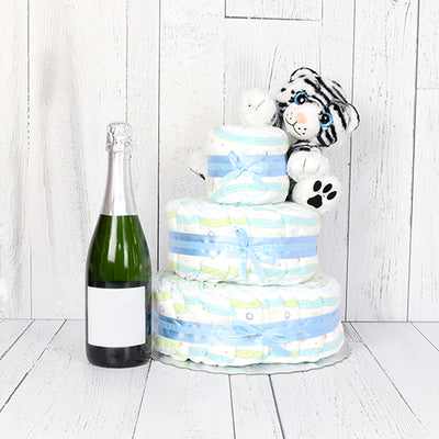 Cuddly Diaper Cake Gift Set with Champagne, baby gift baskets, champagne gift baskets