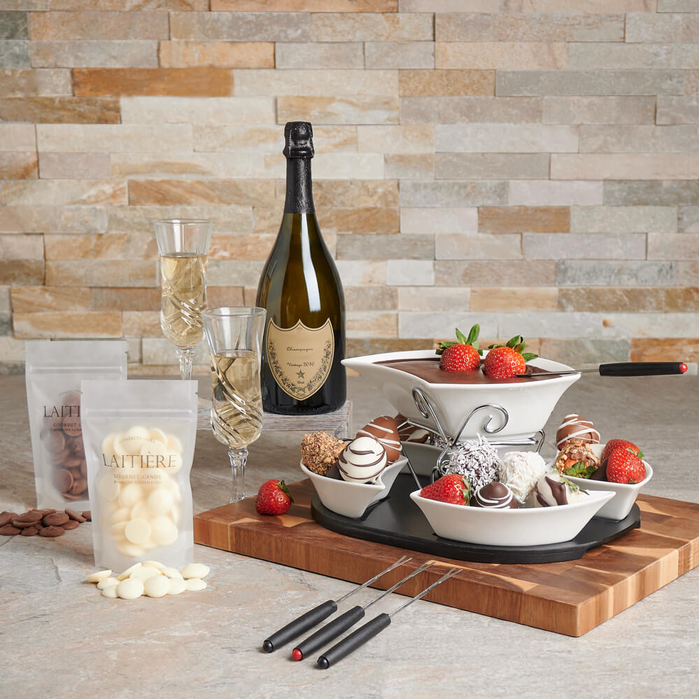 Decadent Champagne &amp; Chocolate Fondue Gift Set, champagne gift, champagne, sparkling wine gift, sparkling wine, fondue gift, fondue, chocolate gift, chocolate, fruit gift, fruit