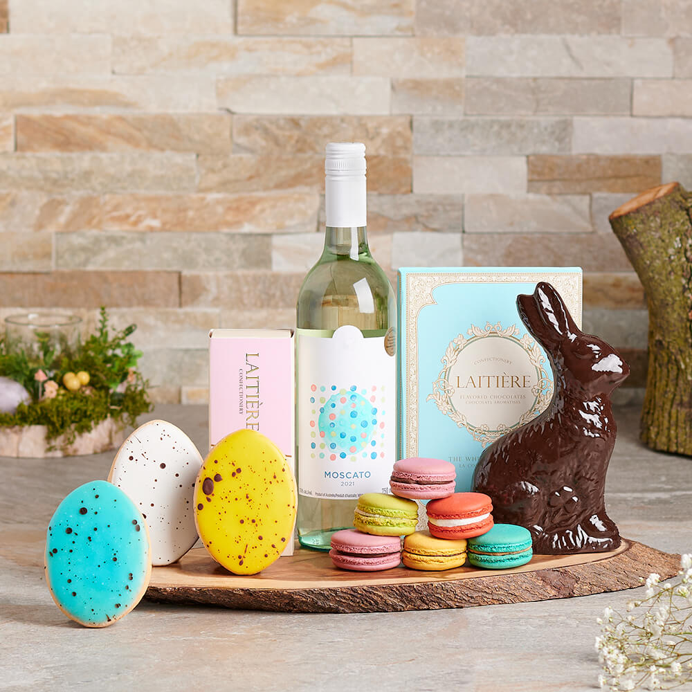 Dessert Bunny &amp; Egg Easter Basket, gourmet gift, gourmet, easter gift, easter, wine gift, wine, chocolate gift, chocolate, cookie gift, cookie