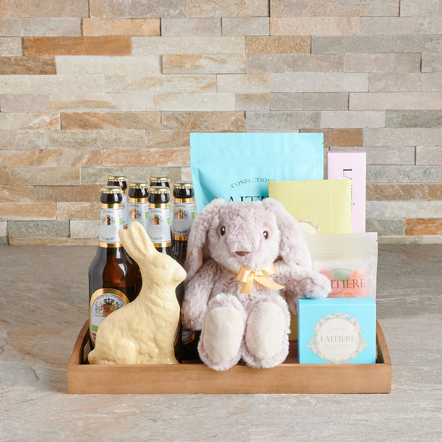 Easter Beer & Snacks Basket, beer gift, beer, plush gift, plush, chocolate gift, chocolate, candy gift, candy, gourmet gift, gourmet