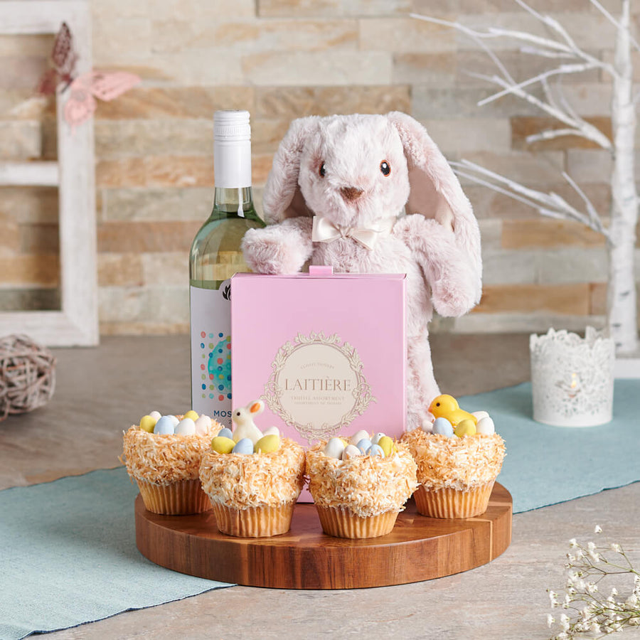 Elegant Easter Gift Basket, easter gift, easter, wine gift, wine, chocolate gift, chocolate, cupcake gift, cupcakes, gourmet gift, gourmet