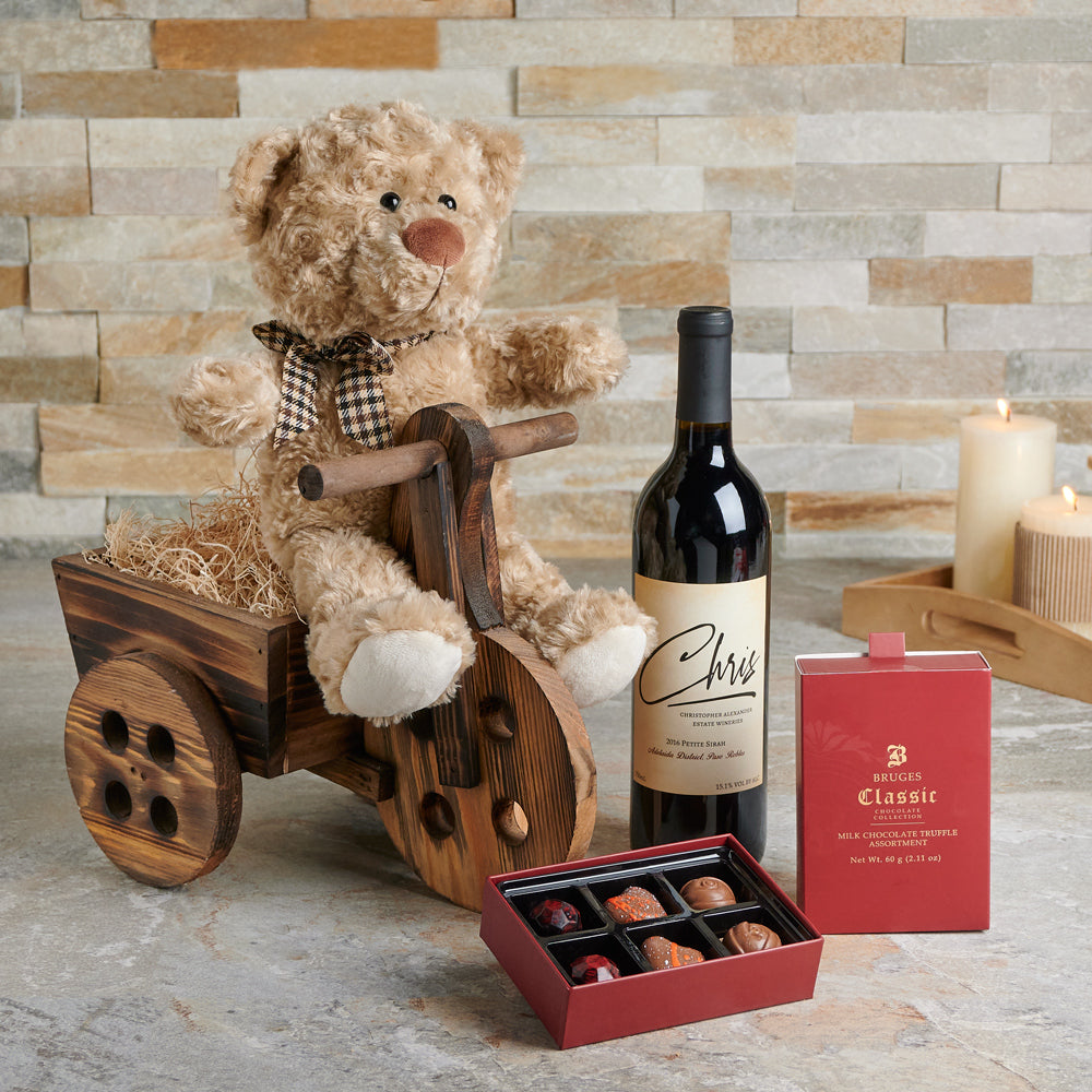 The Little Rider Bear &amp; Wine Gift Cart, Valentine's Day gifts, wine gifts, chocolate gifts