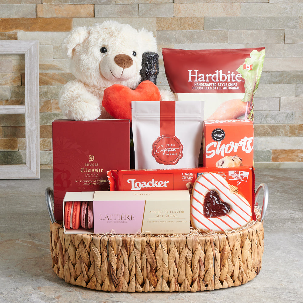 Care Bear Gift Basket, Valentine's Day gifts, sparkling wine gifts, plush gifts