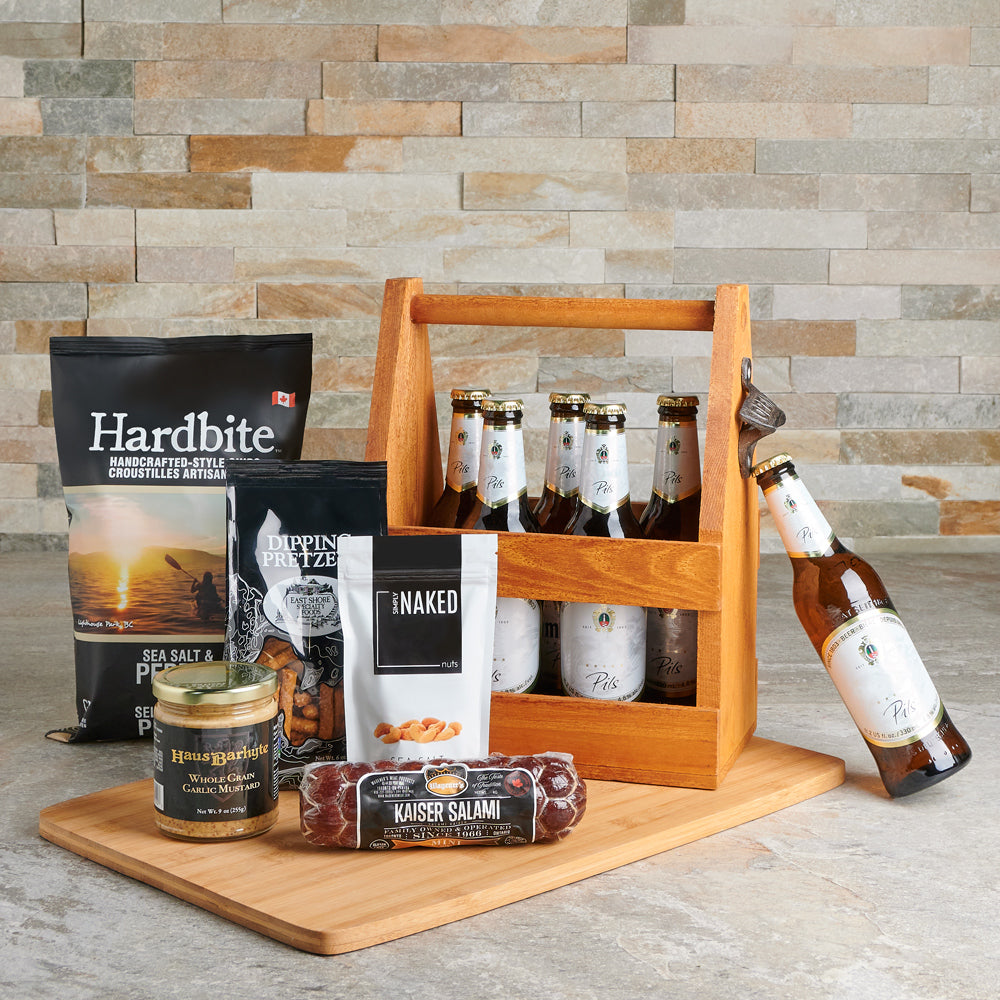 The Savoury Beer Carrier Gift Set, beer gifts, gourmet gift baskets, snacks, salami, beer