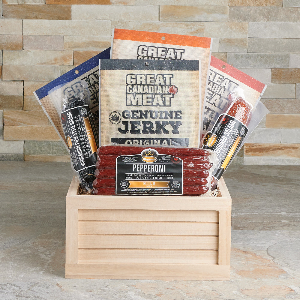 The Meat Lover’s Signature Crate, gourmet gift baskets, gourmet snacks, salami, beef jerky