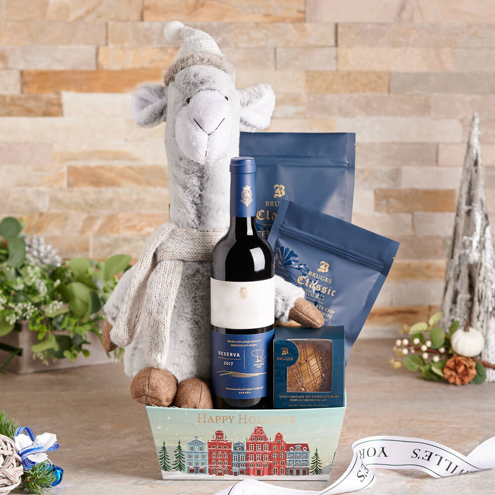 Festive Sweet Treat & Llama Gift Set, christmas gift, christmas, holiday gift, holiday, gourmet gift, gourmet, chocolate gift, chocolate, wine gift, wine
