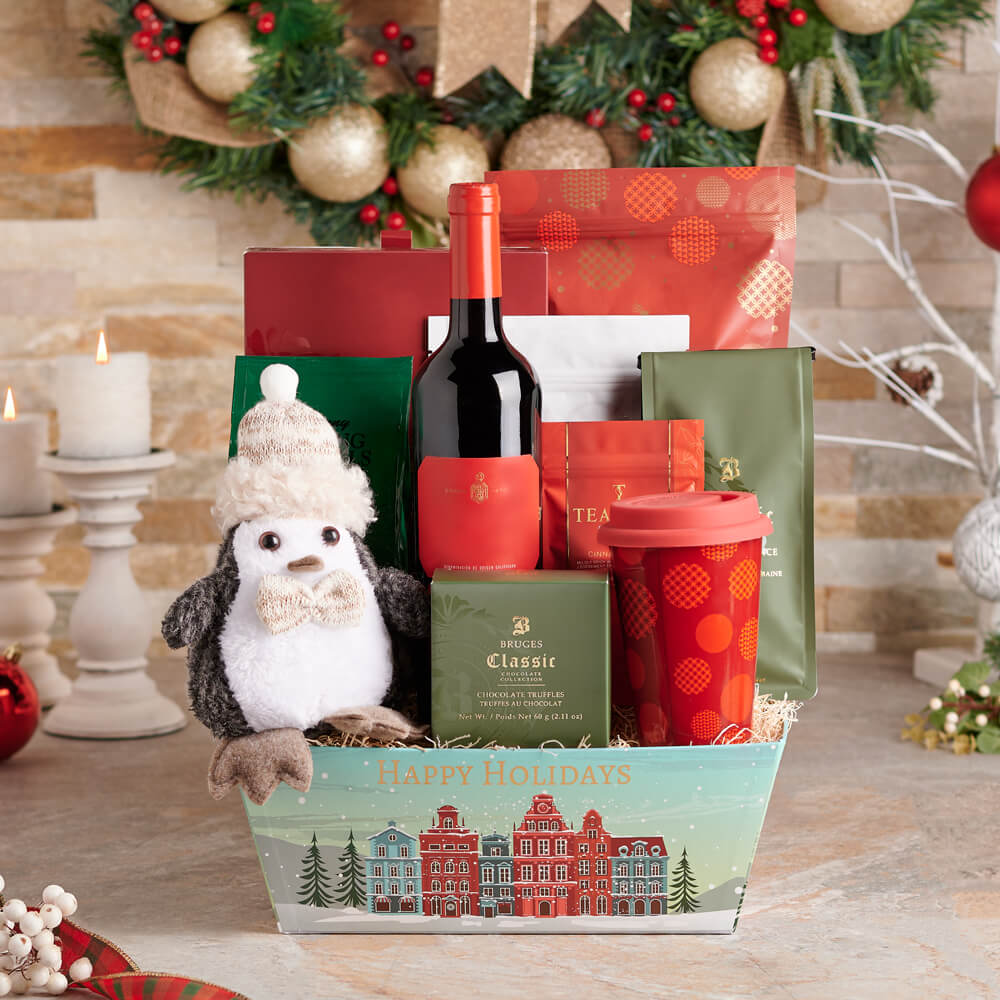 Happy Holidays Gift Set, christmas gift, christmas, holiday gift, holiday, chocolate gift, chocolate, coffee gift, coffee, tea gift, tea, wine gift, wine, plush gift, plush, gourmet gift, gourmet