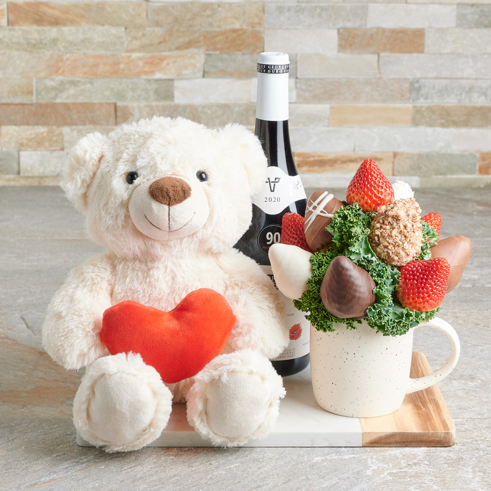 Tasteful Chocolate Covered Strawberry Gift Set, Valentine's Day gifts, plush gifts, chocolate covered strawberries, wine gifts