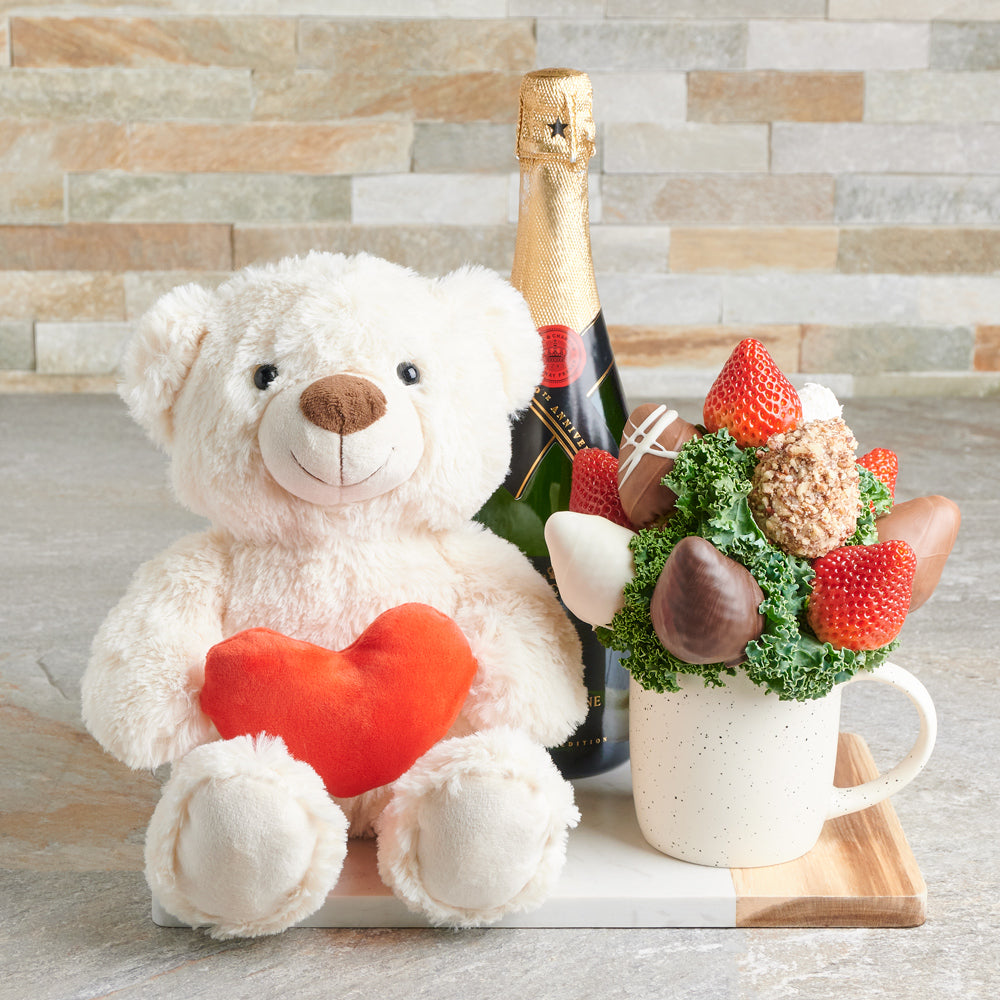 Champagne & Chocolate Dipped Strawberries Gift Board, Valentine's Day gifts, sparkling wine gifts, chocolate covered strawberries