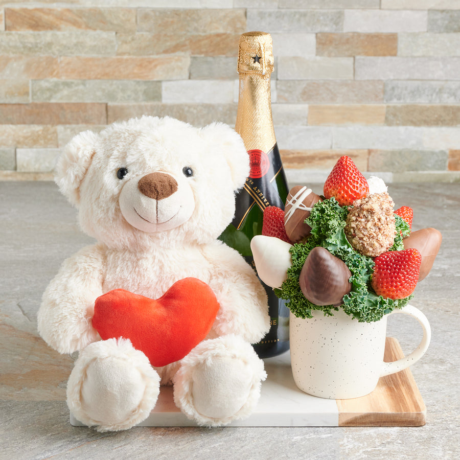 Champagne & Chocolate Dipped Strawberries Gift Board, Valentine's Day gifts, sparkling wine gifts, chocolate covered strawberries