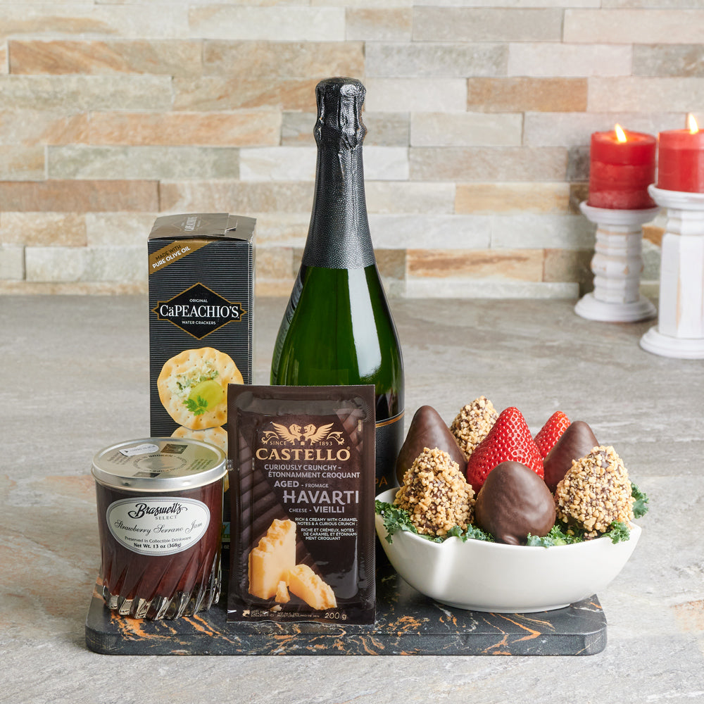 Elegant Champagne Basket, Valentine's Day gifts, chocolate covered strawberries, sparkling wine gifts