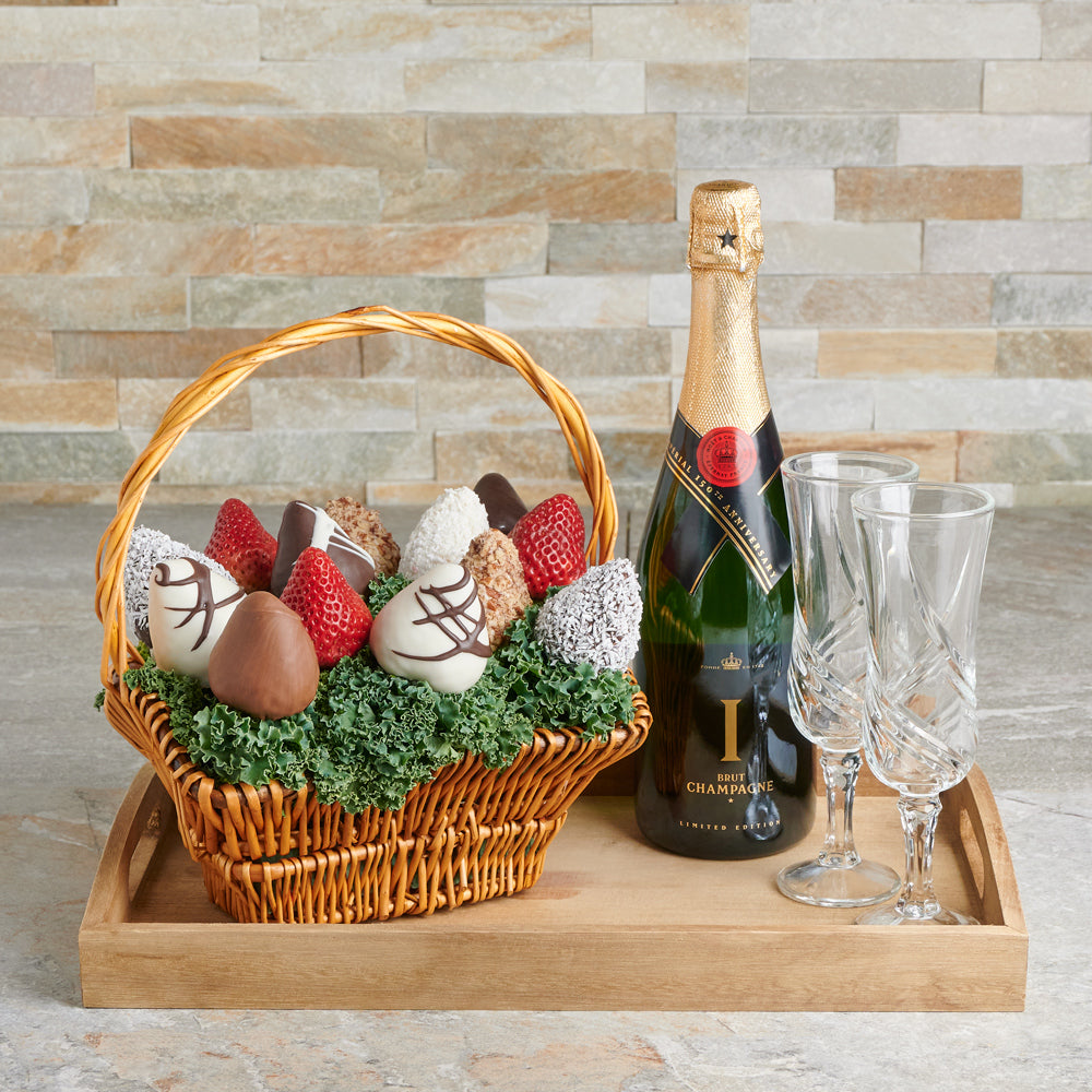 Champagne & Chocolate Dipped Strawberries Gift Basket, Valentine's Day gifts, sparkling wine gifts, chocolate covered strawberries