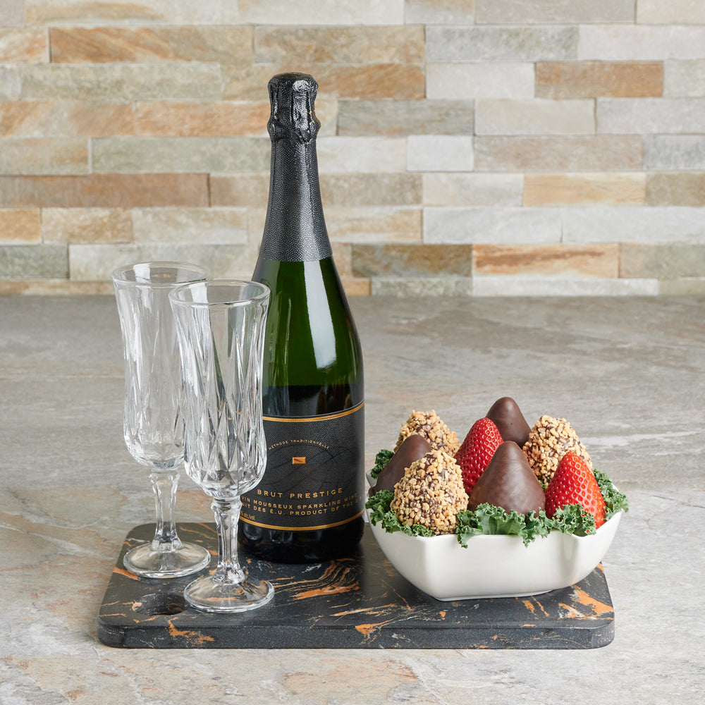 The Blooming Chocolate Dipped Strawberry Gift Basket With Champagne, Valentine's Day gifts, chocolate strawberries