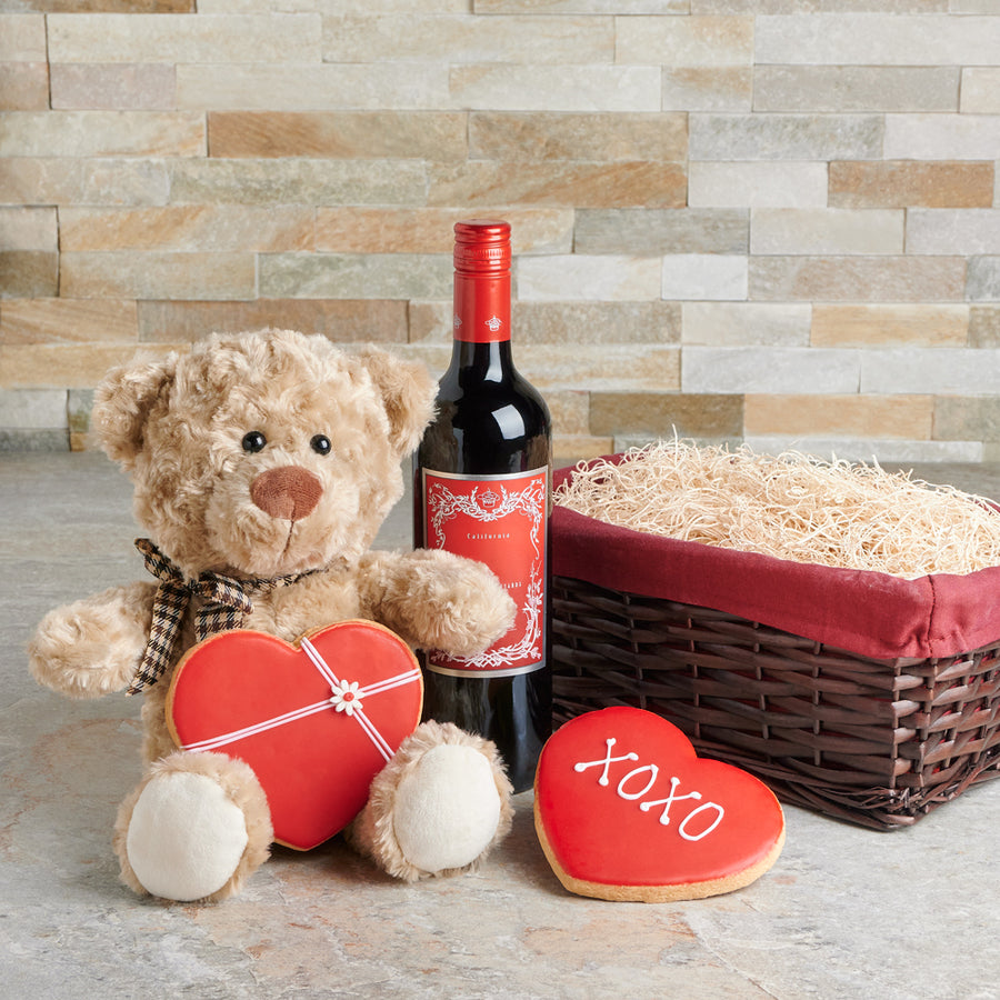 Valentine’s Day Wine & Bear Gift Set, Valentine's Day gifts, wine gifts, plush gifts, cookie gifts