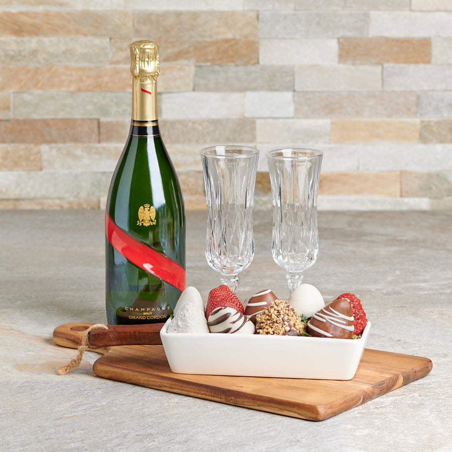 Grand Champagne & Chocolate Dipped Strawberries Gift Set, Valentine's Day gifts, sparkling wine gifts, chocolate covered strawberries