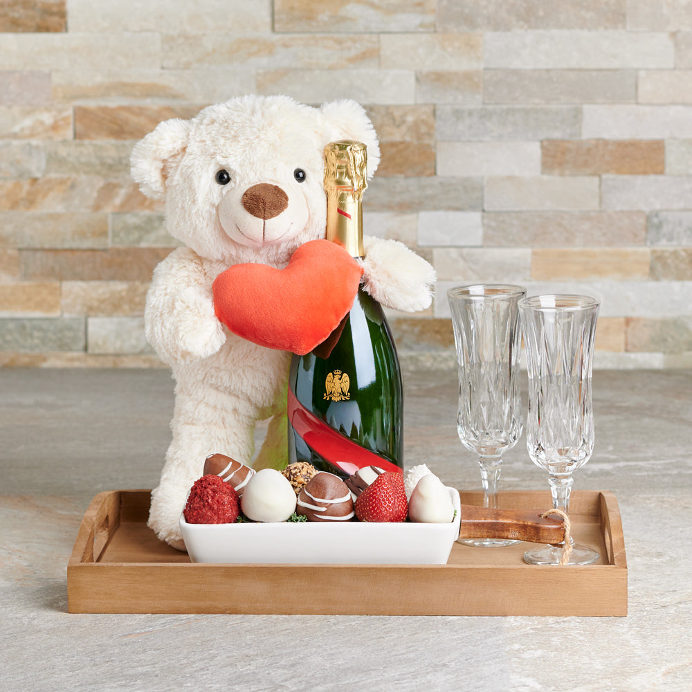 Chocolate Dipped Strawberries & Champagne, Valentine's Day gifts, plush gifts, chocolate covered strawberries, sparkling wine gifts