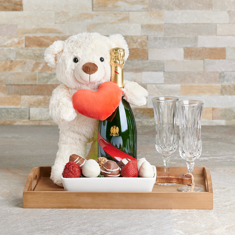 Chocolate Dipped Strawberries & Champagne, Valentine's Day gifts, plush gifts, chocolate covered strawberries, sparkling wine gifts