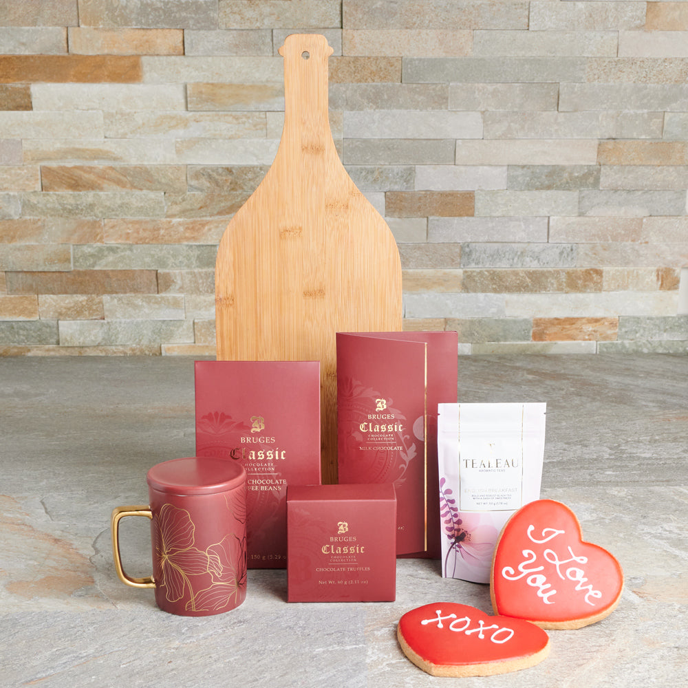 Valentine’s Day Tea & Sweets Basket, Valentine's Day gifts, chocolate gifts, cookie gifts