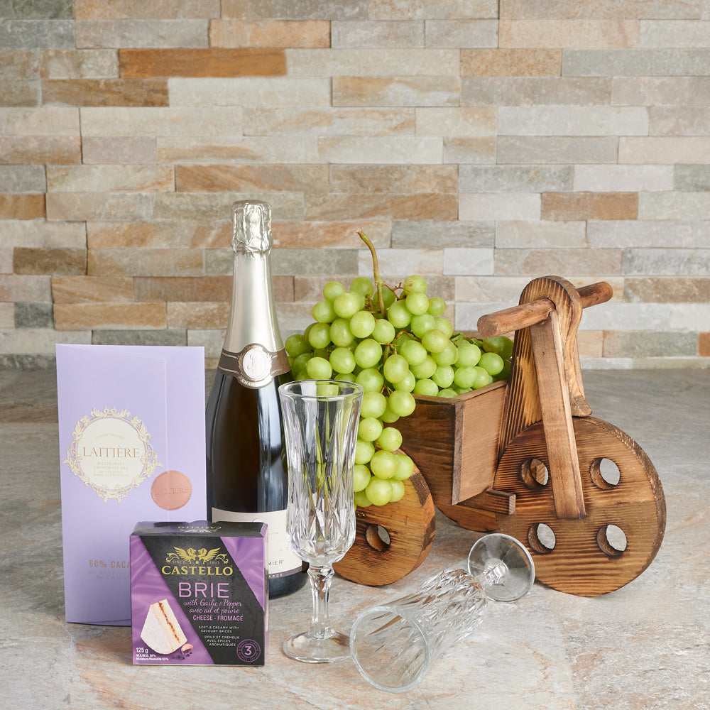 Sparkling Wine & Pairing Gift Basket, sparkling wine gift, sparkling wine, champagne gift, champagne, gourmet gift, gourmet, fruit gift, fruit