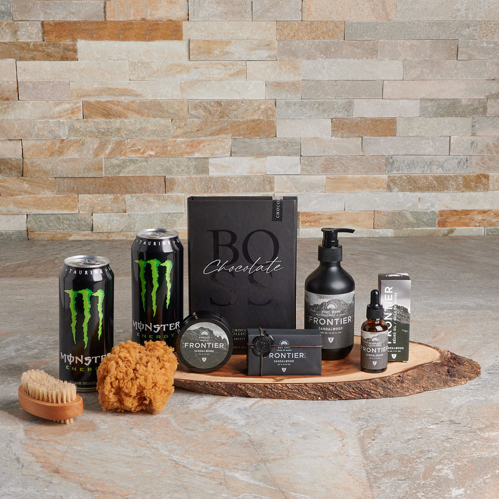 Invigorating Men’s Spa Gift Basket, spa gift, spa, energy drink gift, energy drinks