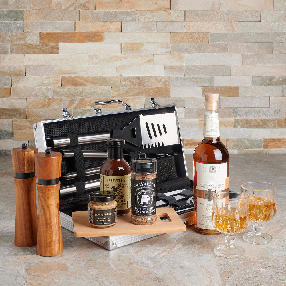 Zesty BBQ Gift Set with Liquor, gift baskets, gourmet gifts, gifts, liquor gift, liquor, bbq gift, bbq, barbecue gift, barbecue, grilling gift, grilling
