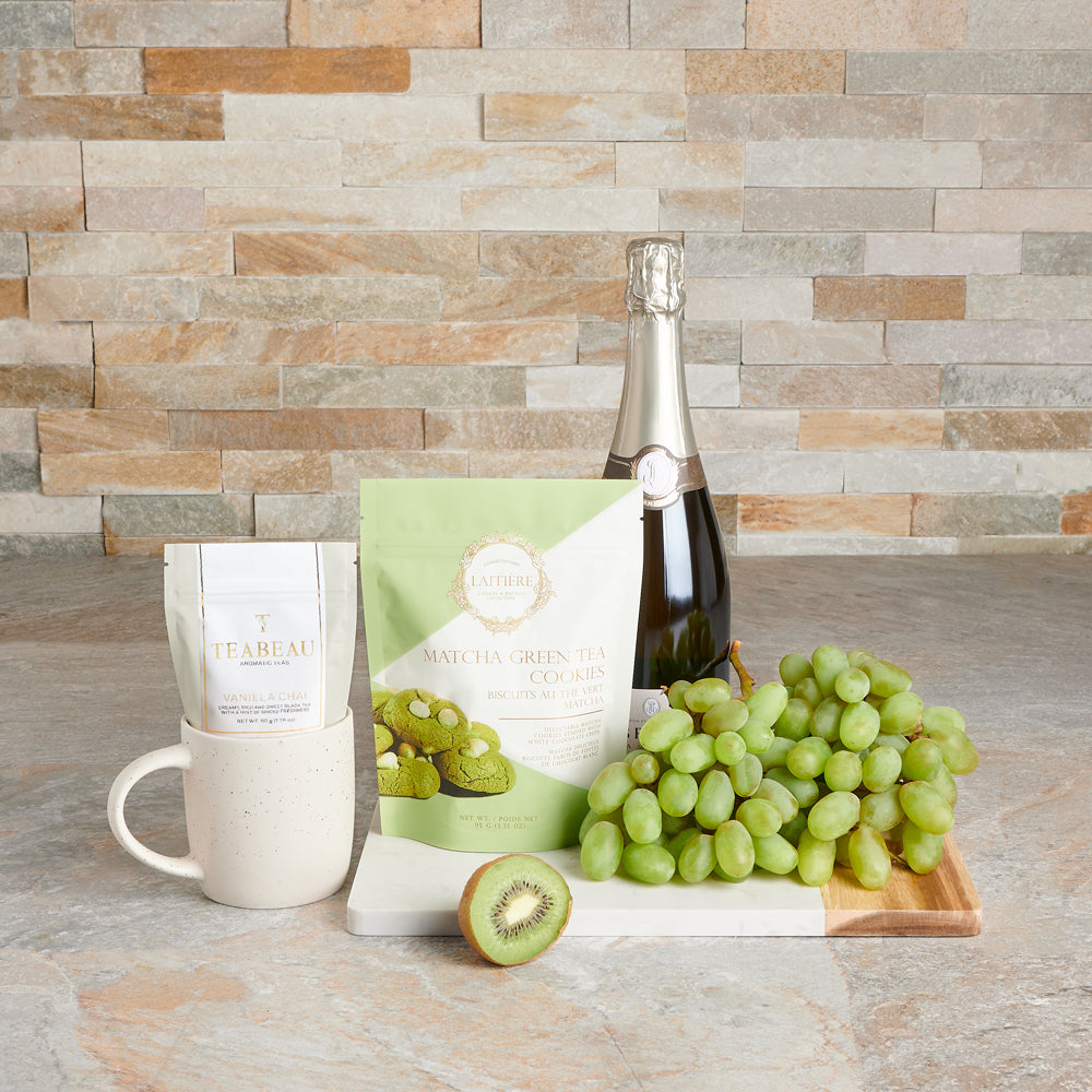 Dew-Kissed Greens & Sparkling Wine Gift Board, champagne gift, champagne, sparkling wine, sparkling wine gift, gourmet, gourmet gift, fruit gift, fruit