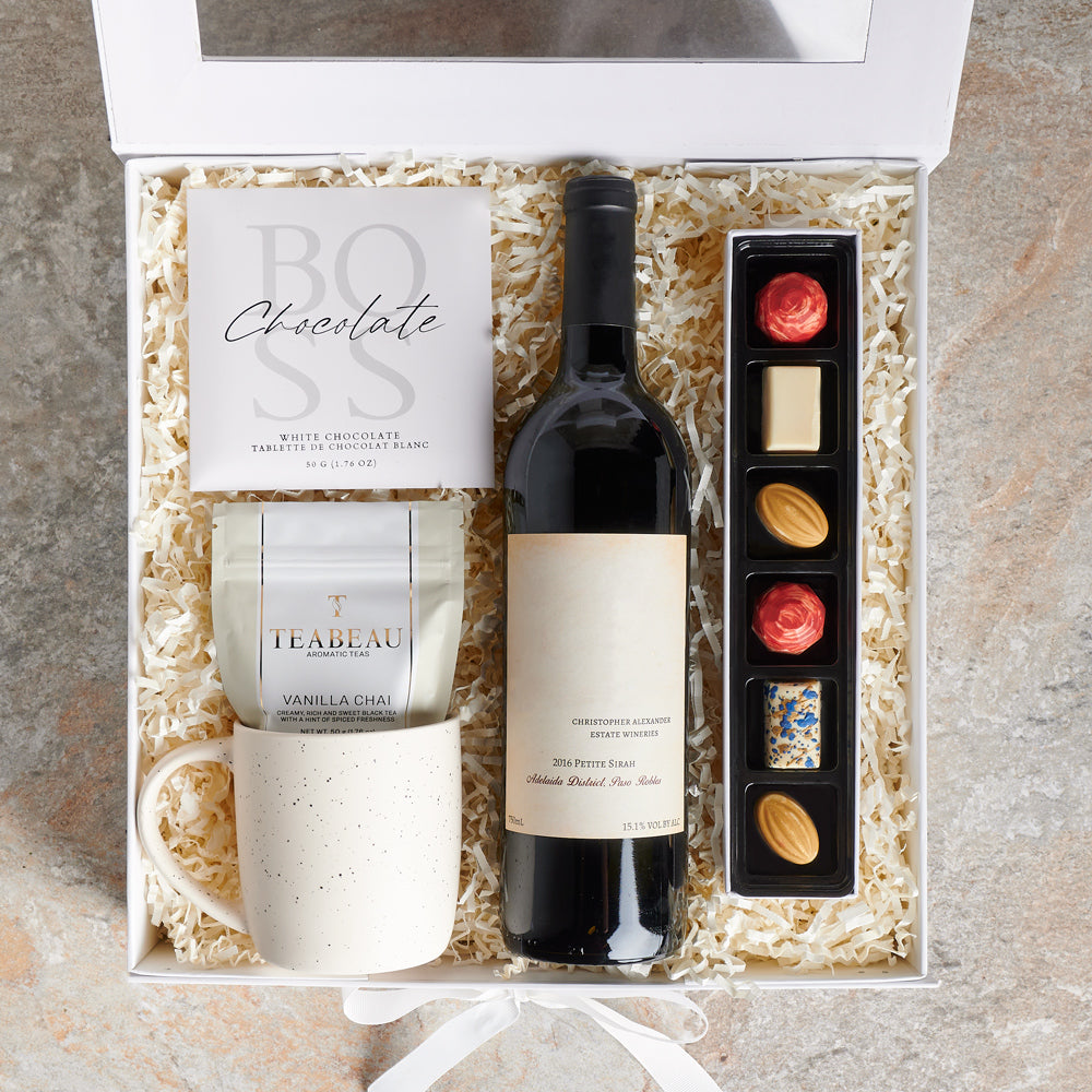Classy Wine &amp; Tea Gift Box, wine gift, wine, tea gift, tea, chocolate gift, chocolate