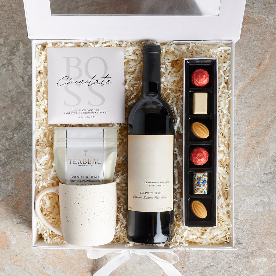 Classy Wine & Tea Gift Box, wine gift, wine, tea gift, tea, chocolate gift, chocolate