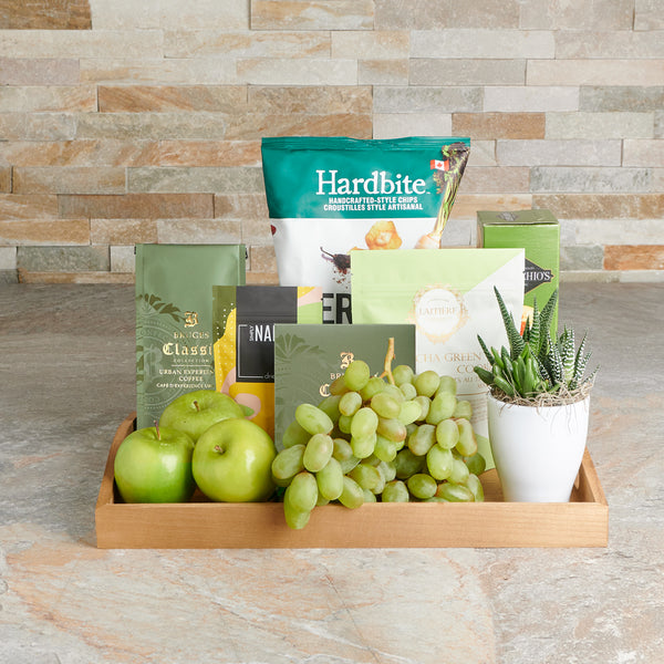 Green Fruit & Snack Gift Tray, gourmet gift, gourmet, coffee gift, coffee, fruit gift, fruit