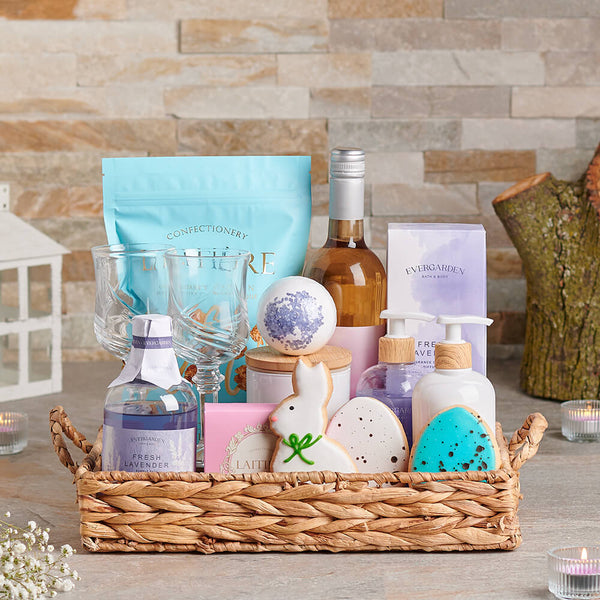 Lavender Easter Spa Gift Basket, easter gift, easter, wine gift, wine, gourmet gift, gourmet, spa gift, spa, cookie gift, cookies, chocolate gift, chocolate