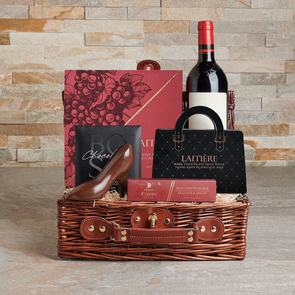 The Couture Chocolate Heels Wine Basket, wine gift, wine, chocolate gift, chocolate, gourmet gift, gourmet