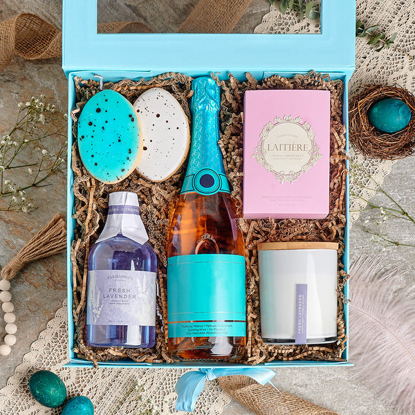 Easter Delight Spa Basket, spa gift, spa, easter gift, easter, champagne gift, champagne, sparkling wine gift, sparkling wine, chocolate gift, chocolate