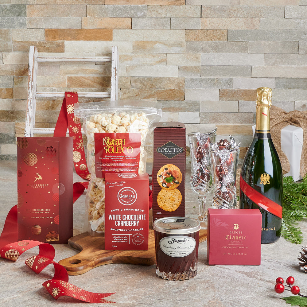 Christmas Champagne Celebration Snack Basket, chocolate, cookies, champagne, Christmas gift basket, crackers, strawberry jam