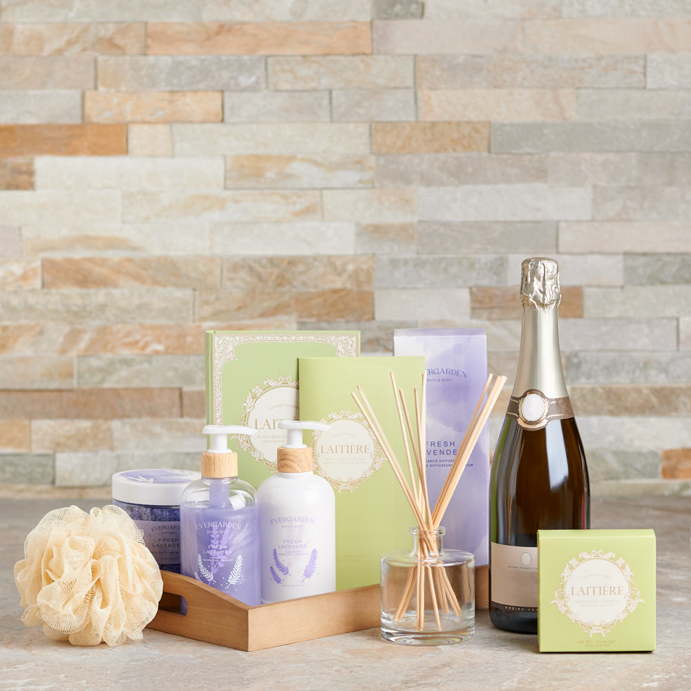 Sparkling Wine,  chocolates,  Chocolate,  lavender,  bath and body,  bath,  Spa,  Set 24067-2021, lavender spa delivery, delivery lavender spa, bath and body gift canada, canada bath and body gift, toronto