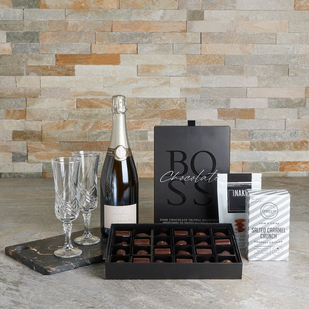 Champagne & Sweet Treats Gift Set, champagne gift basket, gourmet gift basket, sparkling wine gift, chocolate gift
