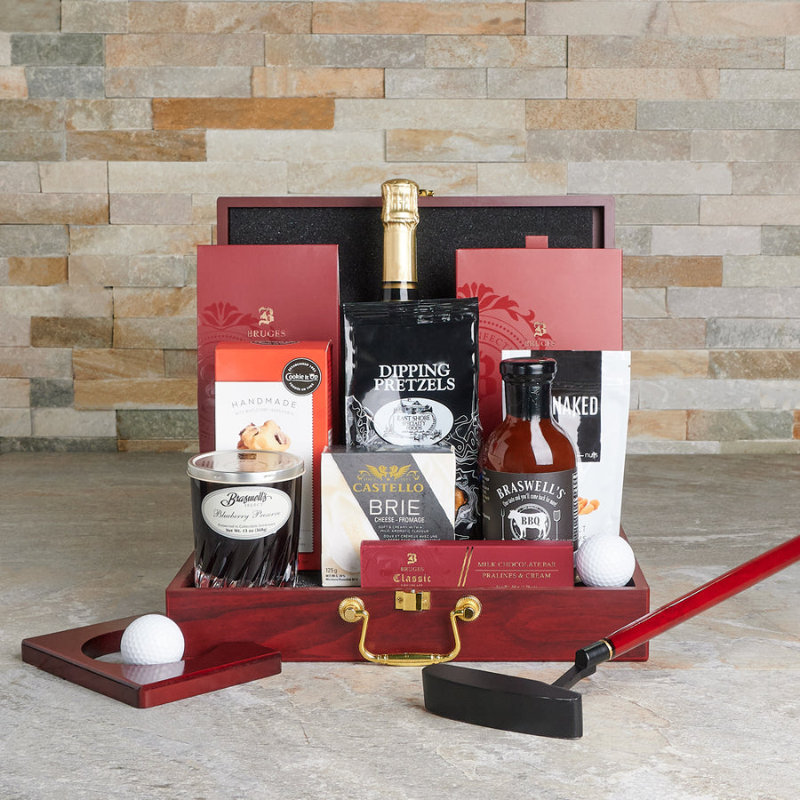 THE SPLENDID GOURMET GIFT BASKET. champagne gift, champagne, sparkling wine, sparkling wine gift, golf, golfing gift, gourmet gift, sports