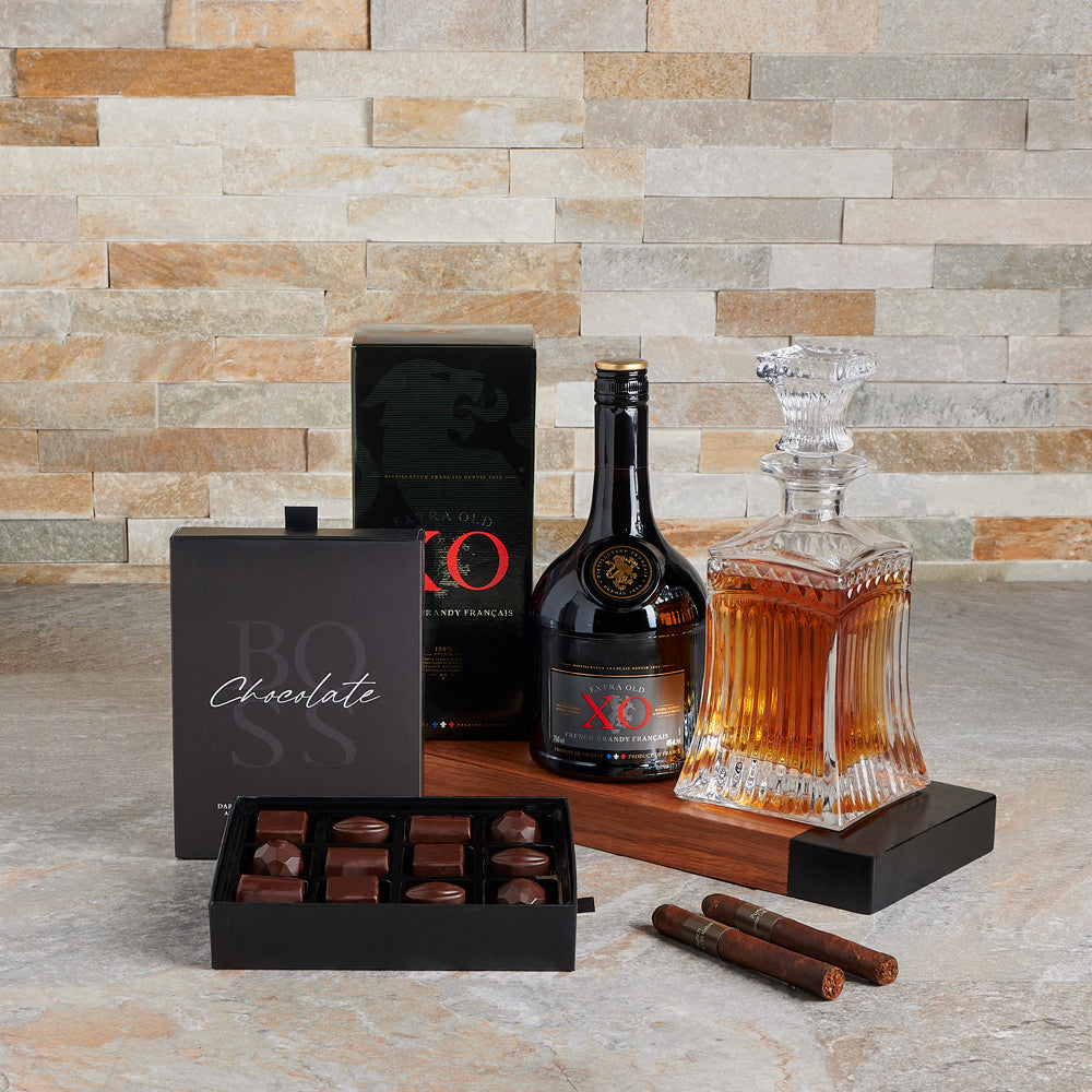 Refined Elegance & Spirits Gift, liquor, liquor gift, chocolate gift, decanter gift, decanter, chocolate