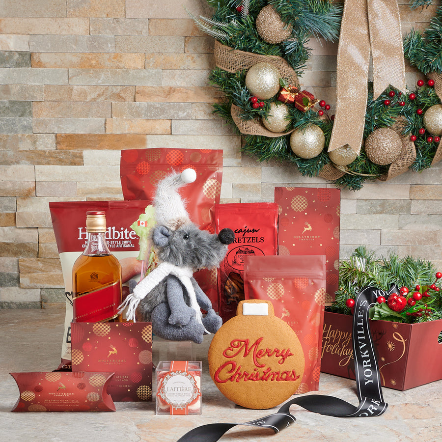 Winter Spirits & Sweets Holiday Gift Basket, christmas,  Christmas Gift Baskets,  christmas tray,  tray,  popcorn,  cookies,  pretzels,  Chocolate,  candy,  Liquor Gift Basket,  Liquor,  spirits, liquor gift basket delivery, delivery liquor gift basket, Christmas tray canada, canada christmas tray, toronto