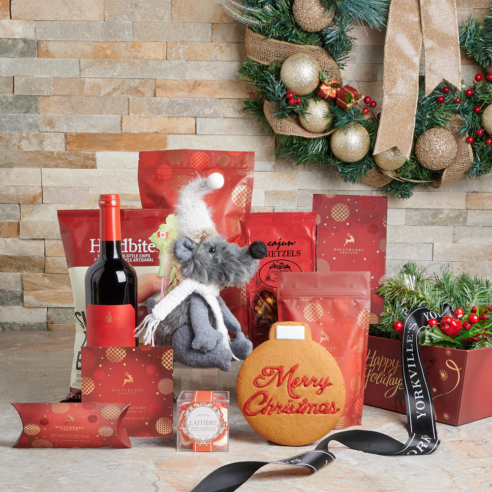 An Evergreen Christmas Gift Basket with Wine, cookies,  christmas tray,  tray,  popcorn,  Chocolate,  chips,  candy,  christmas,  Christmas Gift Baskets,  Wine Gift Basket,  wine,  wine gift tray delivery, delivery wine gift tray, christmas basket canada, canada christmas basket, toronto